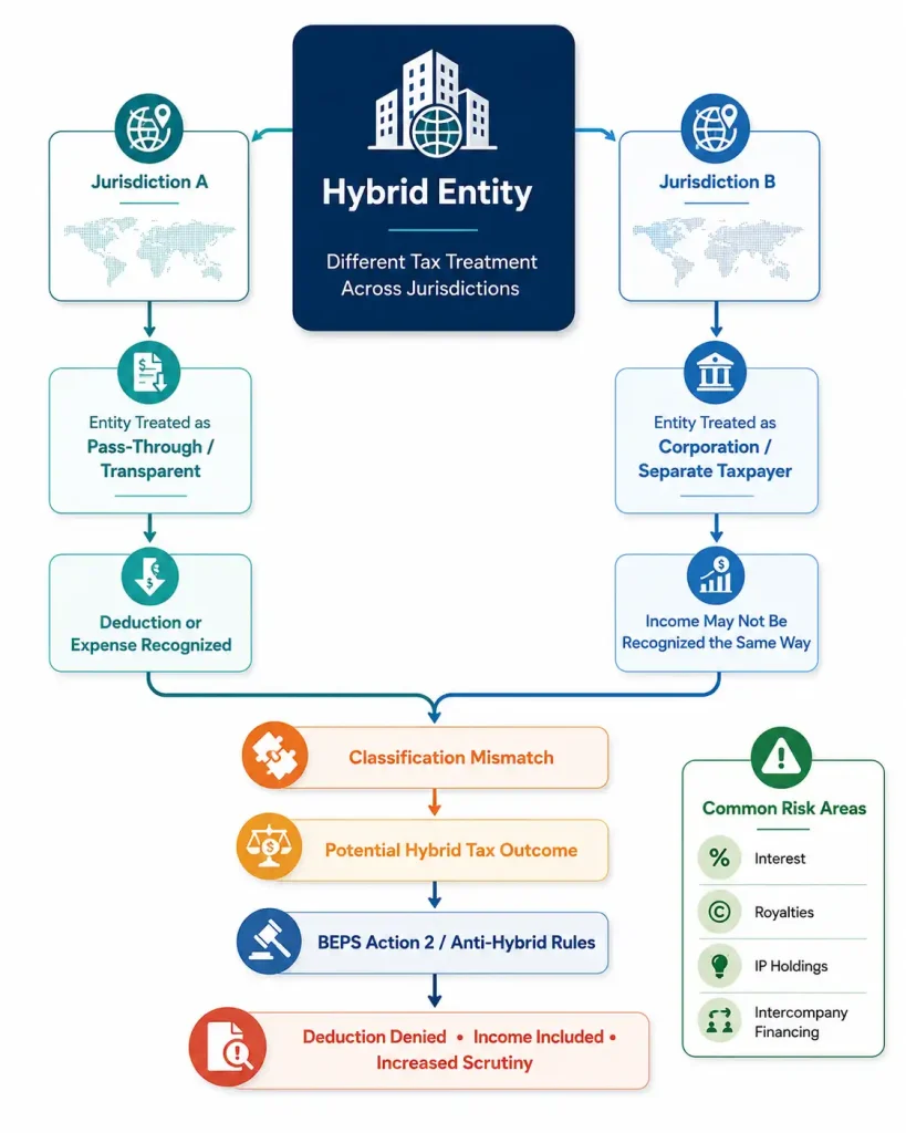 Diagram showing how a hybrid entity is classified as pass-through in one jurisdiction and as a corporation in another, creating a classification mismatch subject to BEPS Action 2 anti-hybrid rules