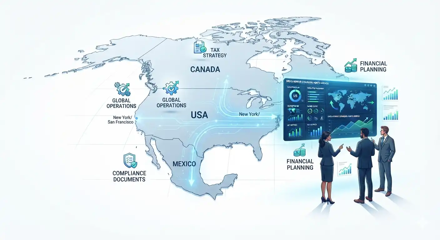Cross-border tax strategy for US startups expanding into Canada and Mexico, showing tax compliance, global operations, and financial planning across North America