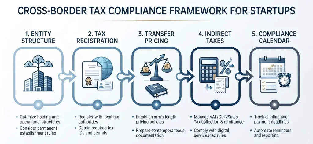Cross-border tax compliance framework for startups: entity structure, tax registration, transfer pricing, indirect taxes, and compliance calendar