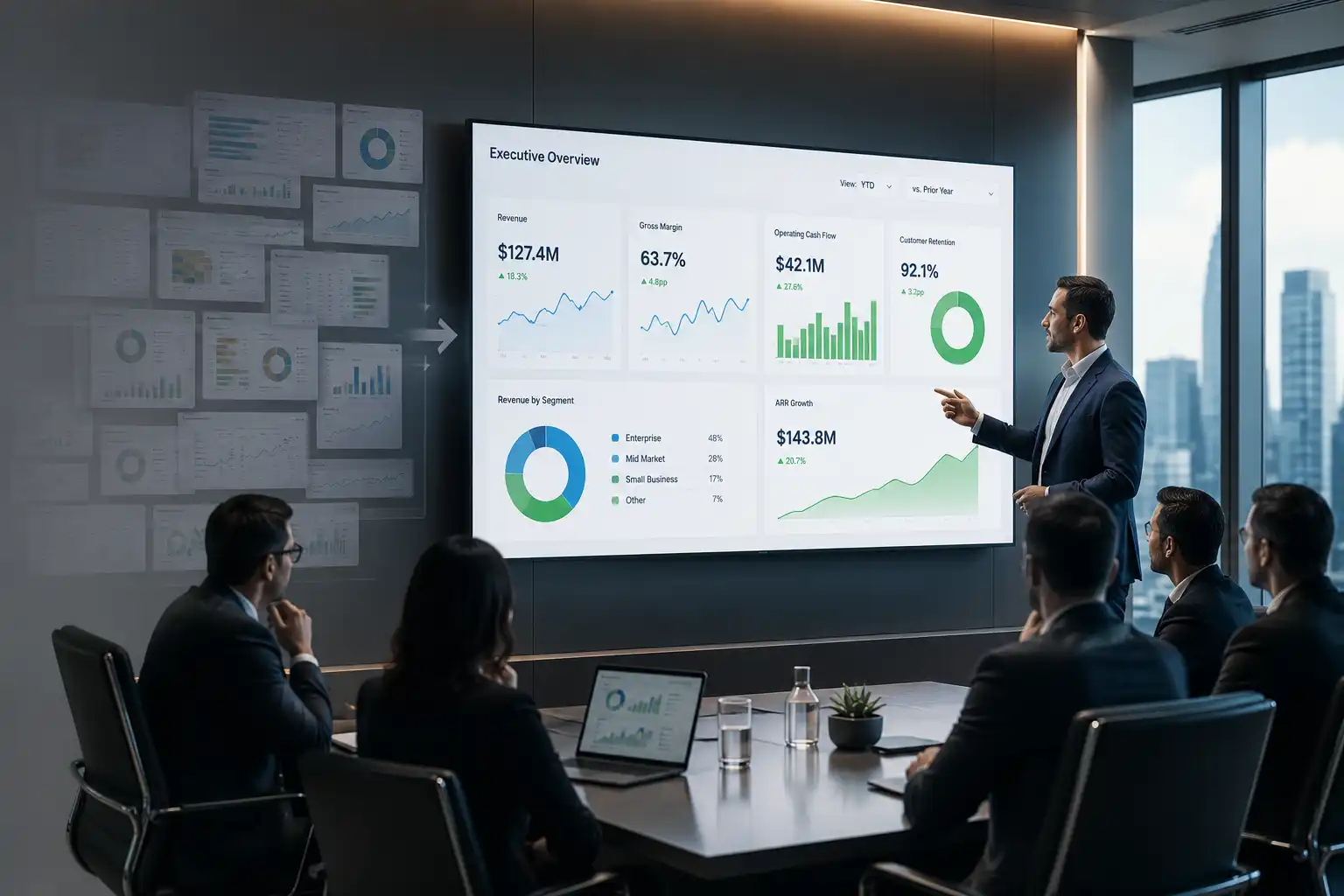 CFO presenting a consolidated executive dashboard with revenue, margin, and cash flow metrics to the leadership team in a boardroom