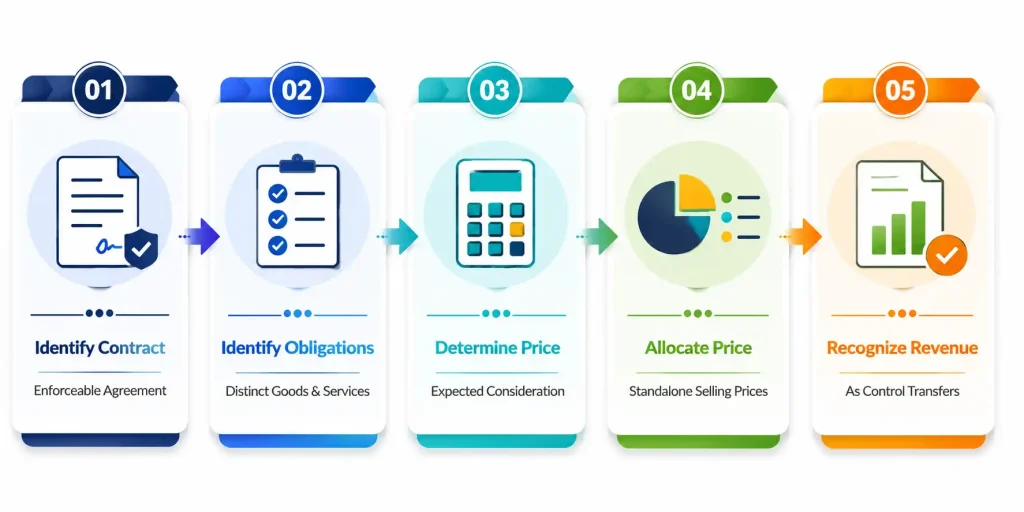 ASC 606 five-step revenue recognition model: identify contract, identify obligations, determine price, allocate price, recognize revenue