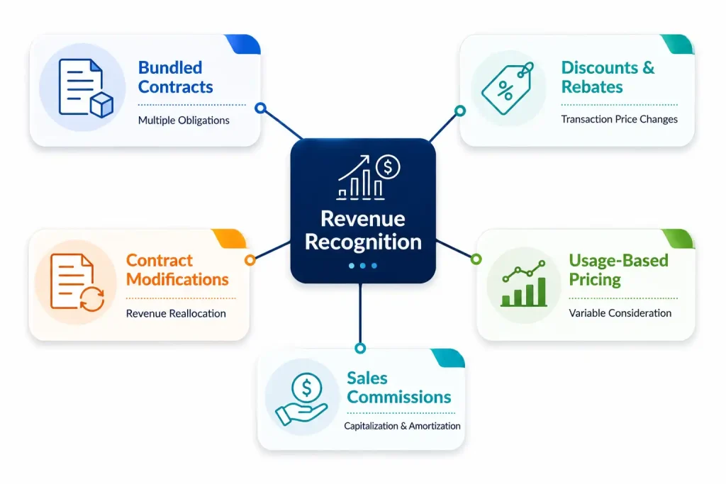 Diagram of common ASC 606 revenue recognition challenges: bundled contracts, discounts, contract modifications, usage-based pricing, and sales commissions