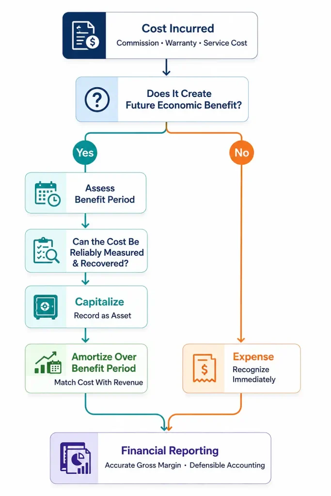 Flowchart showing when to capitalize or expense a cost based on future economic benefit