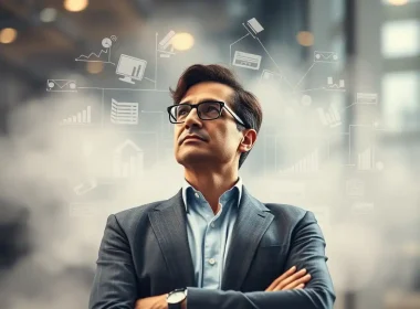 CFO reflecting on strategic planning surrounded by financial data and analytics icons