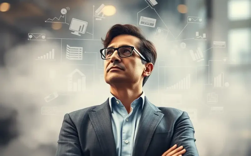 CFO reflecting on strategic planning surrounded by financial data and analytics icons
