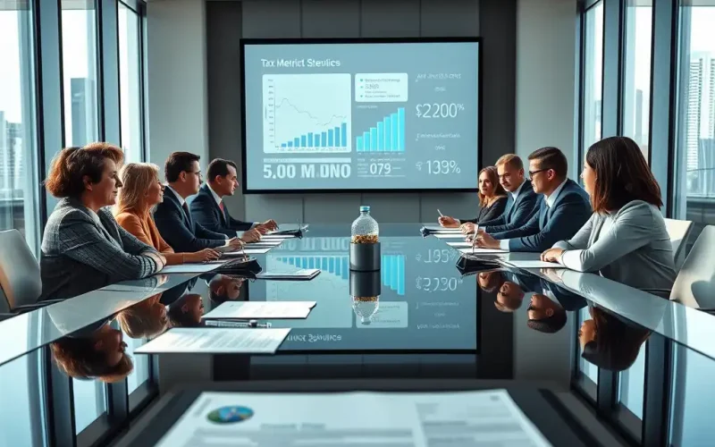 CFO team reviewing Pillar Two tax strategy metrics and top-up tax exposure in a boardroom meeting