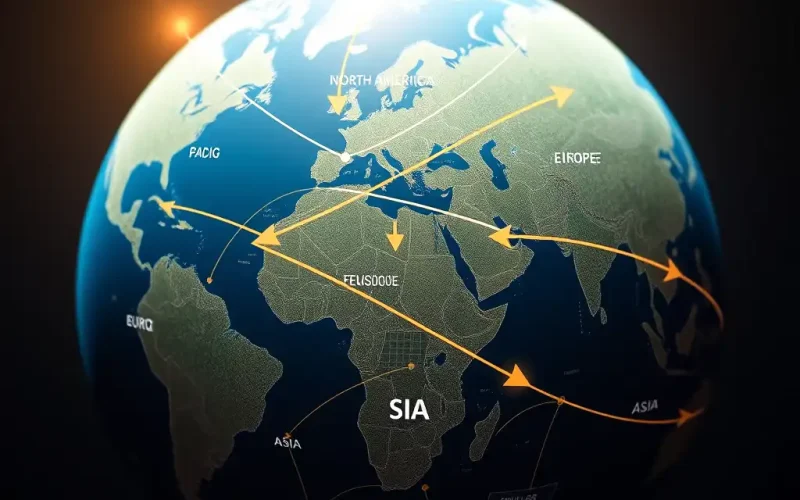 Global map illustrating cross-border mergers and acquisitions deal flow across North America, Europe, and Asia
