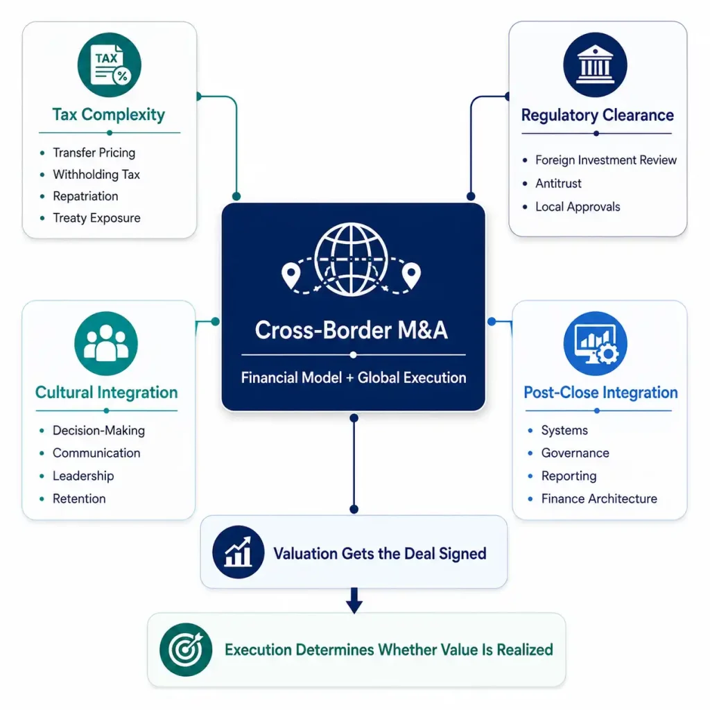 Cross-border M&A framework showing tax complexity, regulatory clearance, cultural integration, and post-close integration risks