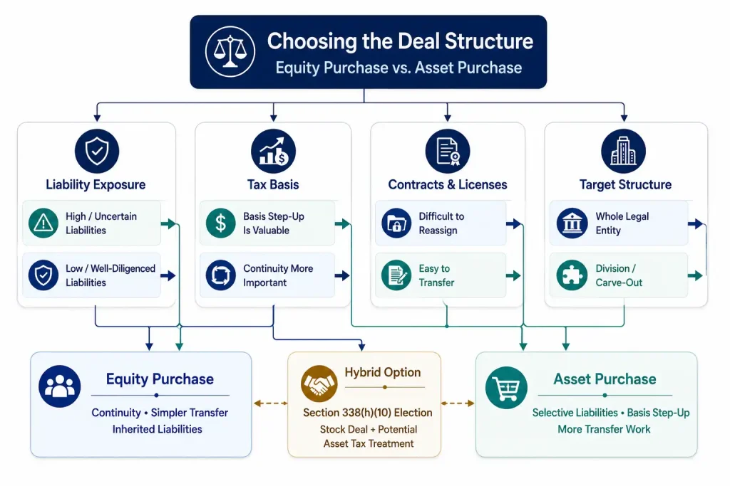 Flowchart for choosing equity purchase vs asset purchase deal structure, including the Section 338(h)(10) hybrid election