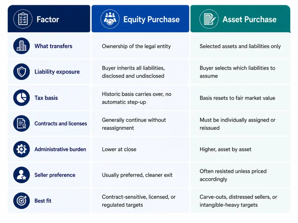 Equity vs asset purchase comparison table showing liability exposure, tax basis, and contract transfer differences