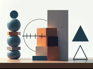 Abstract 3D illustration of balanced geometric shapes representing merger and acquisition strategy and deal structure
