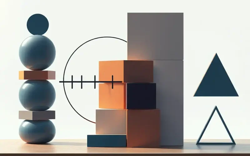 Abstract 3D illustration of balanced geometric shapes representing merger and acquisition strategy and deal structure