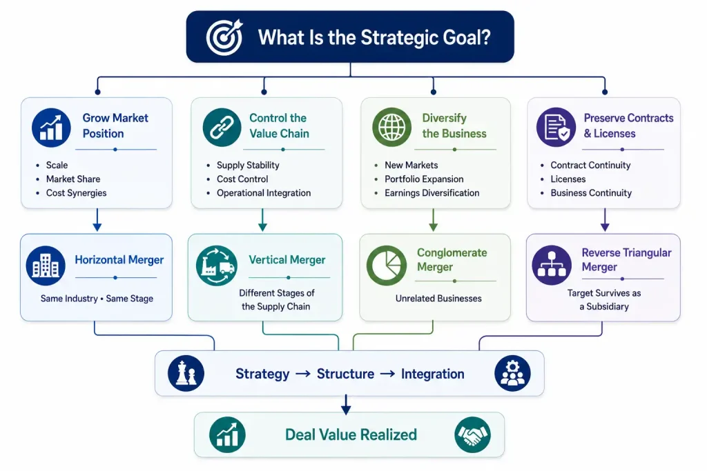 Decision flowchart for choosing a merger structure, mapping strategic goals to horizontal, vertical, conglomerate, and reverse triangular merger examples