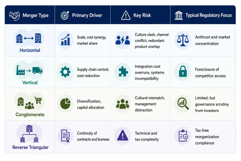 Comparison table of mergers and acquisitions examples showing horizontal, vertical, conglomerate, and reverse triangular merger types by primary driver, key risk, and regulatory focus