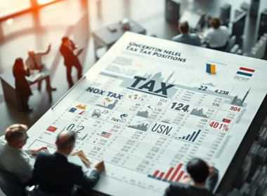 Finance professionals reviewing corporate tax position data in a meeting