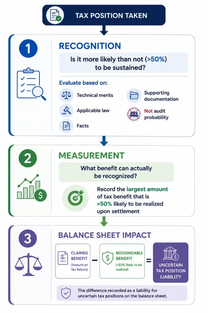Diagram of the uncertain tax position recognition and measurement process, showing the more-likely-than-not threshold and resulting balance sheet liability