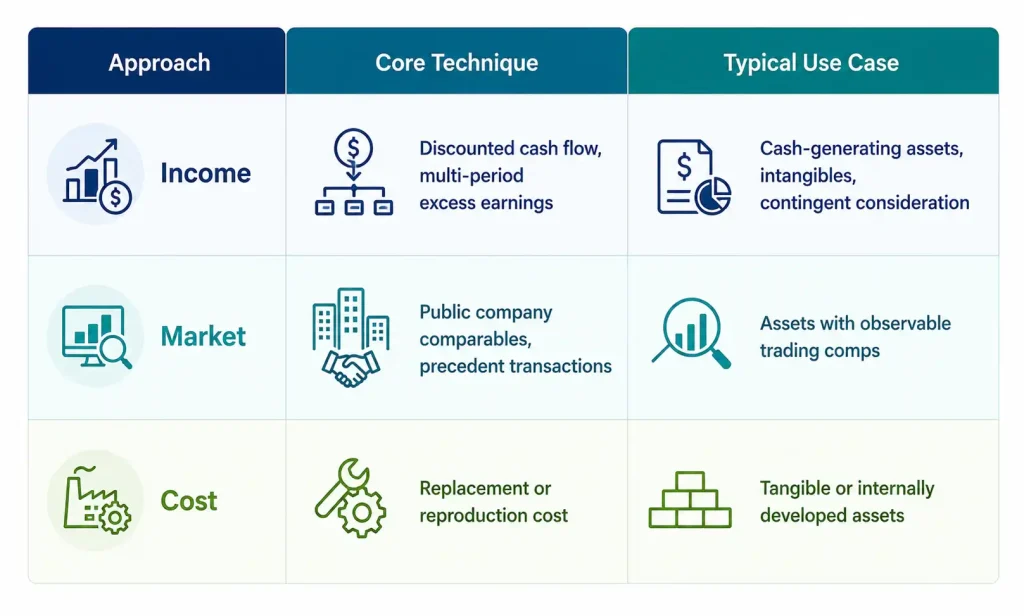 Fair value method comparison table: income, market, and cost approaches with core techniques and use cases