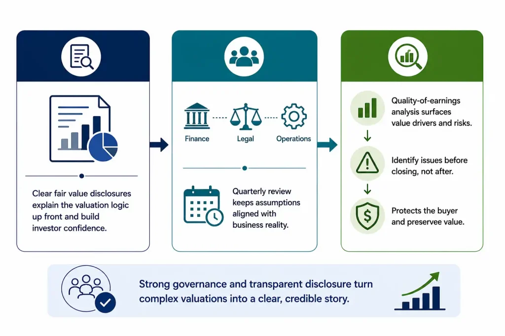 Fair value measurement governance: disclosure, cross-functional valuation committee review, and quality-of-earnings diligence