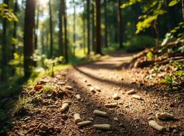 Winding forest trail scattered with breadcrumb-like markers, symbolizing a step-by-step path through post-close deal governance