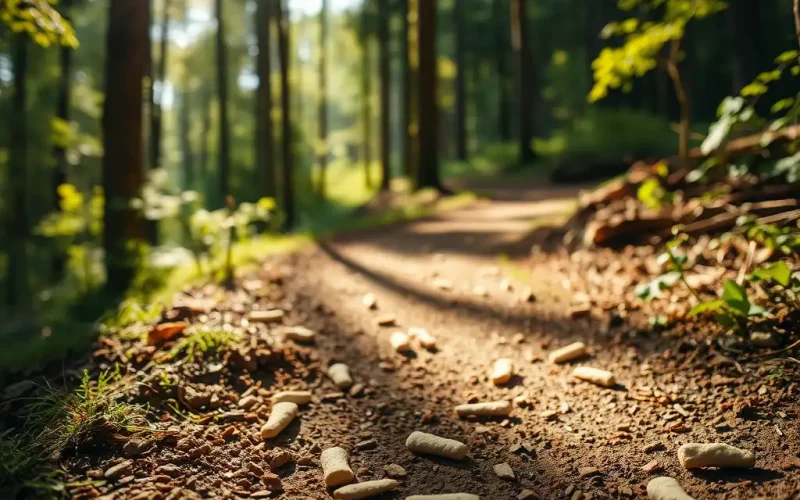 Winding forest trail scattered with breadcrumb-like markers, symbolizing a step-by-step path through post-close deal governance