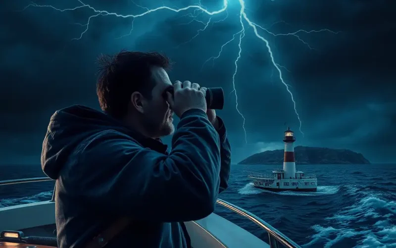 CFO scanning a stormy sea toward a lighthouse, a metaphor for AI regulation strategies and navigating regulatory risk