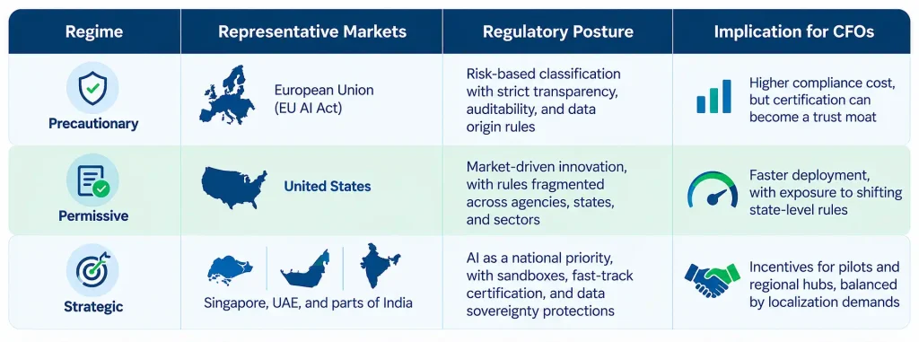 AI regulation strategies across precautionary EU, permissive US, and strategic Singapore, UAE, and India regimes for CFOs