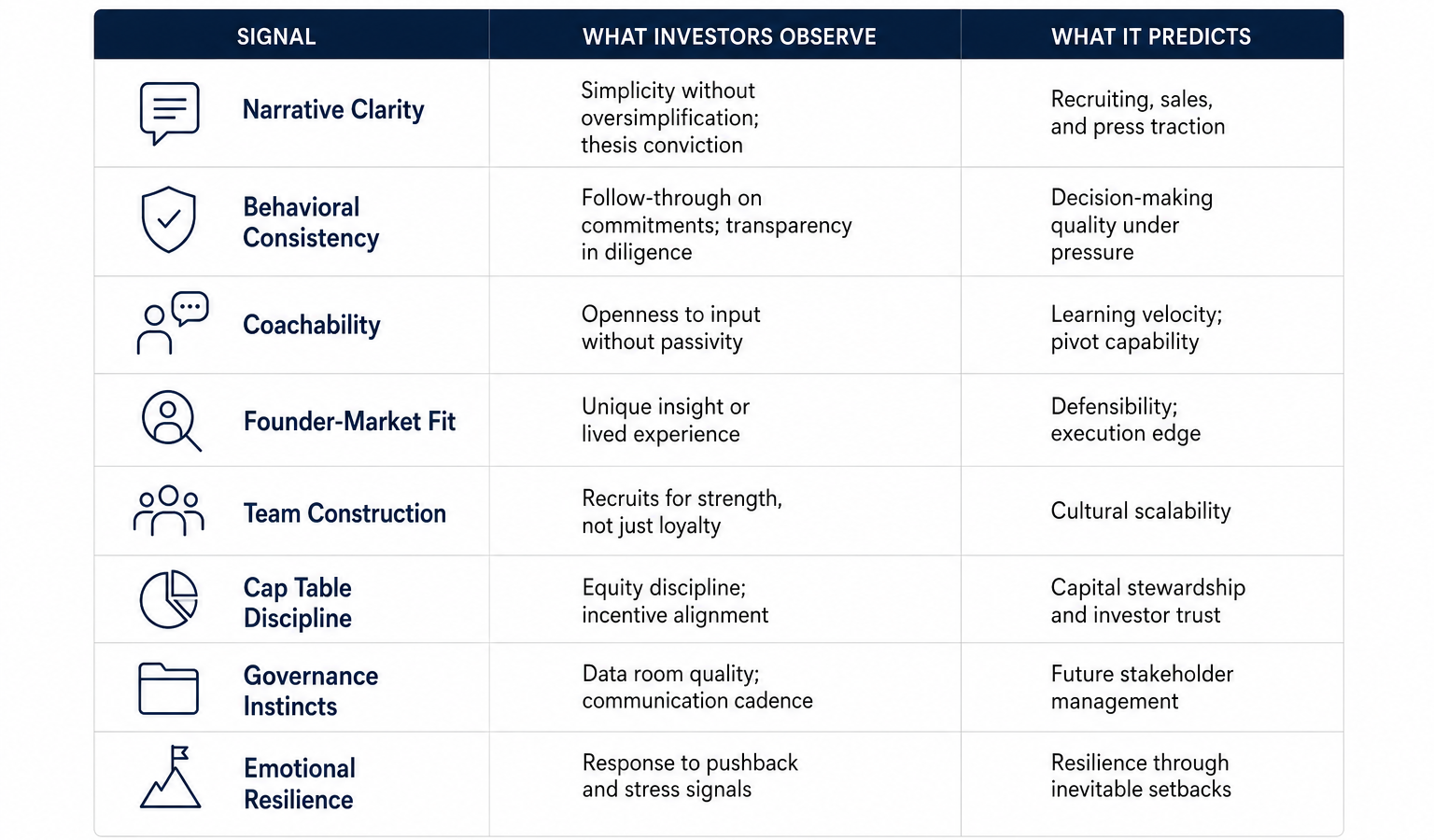 Startup Founder Evaluation Signals Infographic for Investors and Venture Capital Firms

Corporate infographic titled “The Signals Investors Read” summarizing the top qualities venture capital investors evaluate in startup founders. The visual highlights narrative clarity, behavioral consistency, coachability, and founder-market fit with concise bullet points explaining investor expectations around communication skills, transparency, adaptability, leadership, learning velocity, and domain expertise. Includes professional icons, investor insight callout boxes, and clean white-background presentation styling optimized for startup fundraising presentations, venture capital content, founder coaching materials, SaaS leadership discussions, and entrepreneurship strategy resources.