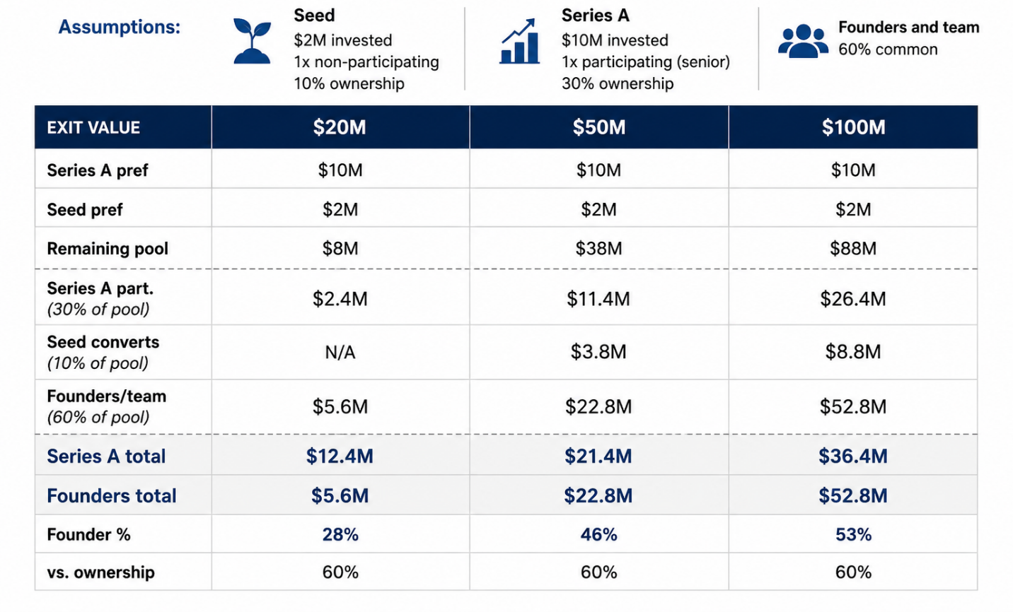 Infographic explaining how liquidation preferences work in startup financing, including 1x and 2x preference multiples, participating vs non-participating preferred shares, investor payout structures, and founder equity impact across different exit scenarios.