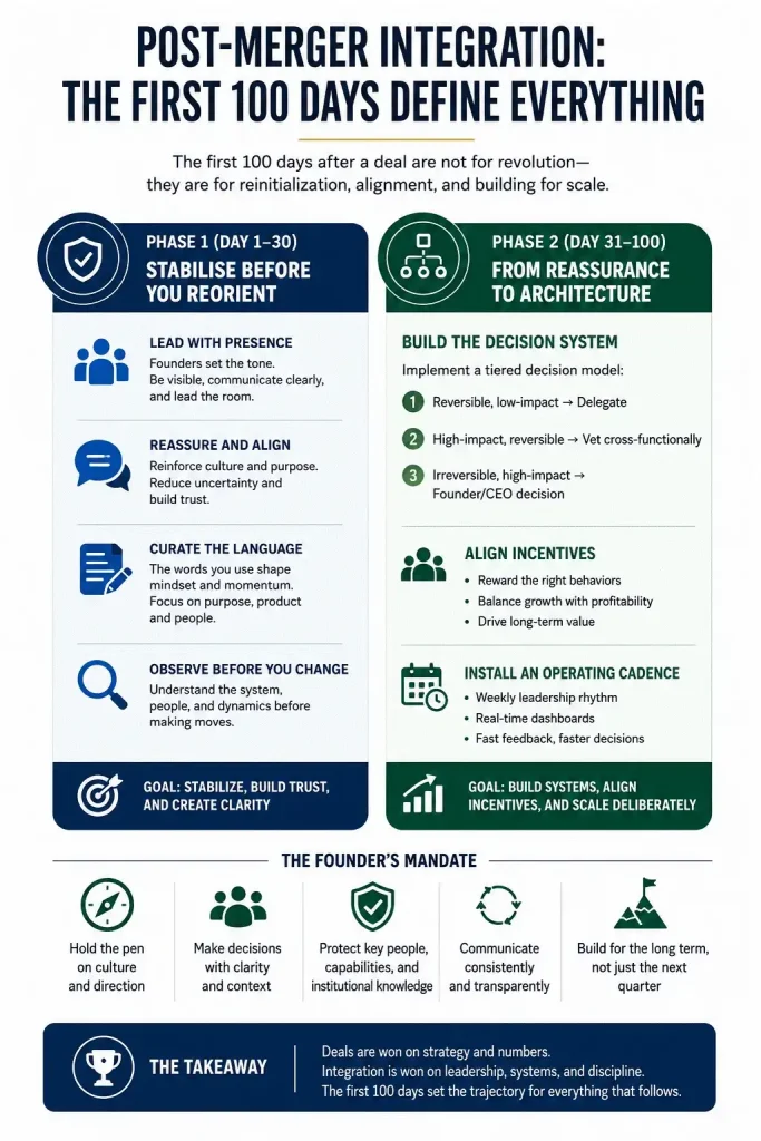 Infographic outlining a 100-day post-merger integration strategy, covering leadership alignment, communication, decision-making, culture, governance, and operational planning to ensure successful merger integration and long-term business growth.