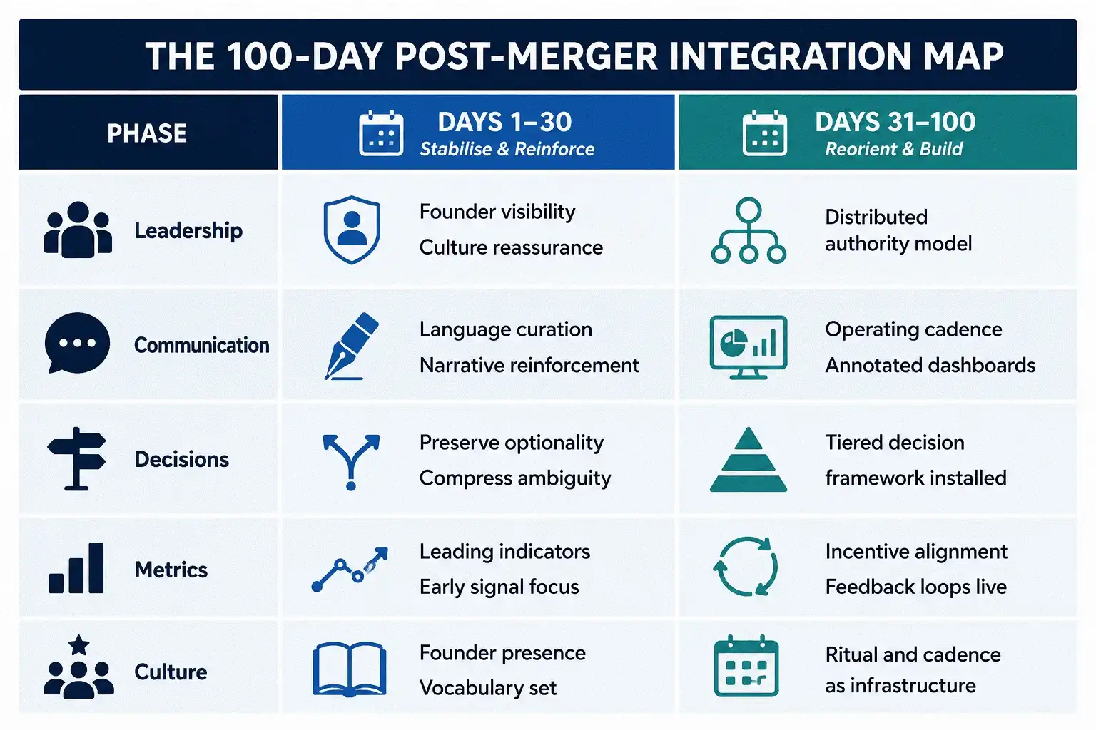 Table infographic summarizing the first 100 days of post-merger integration, highlighting leadership, communication, decision-making, performance metrics, and culture across stabilization and growth phases for successful business integration.