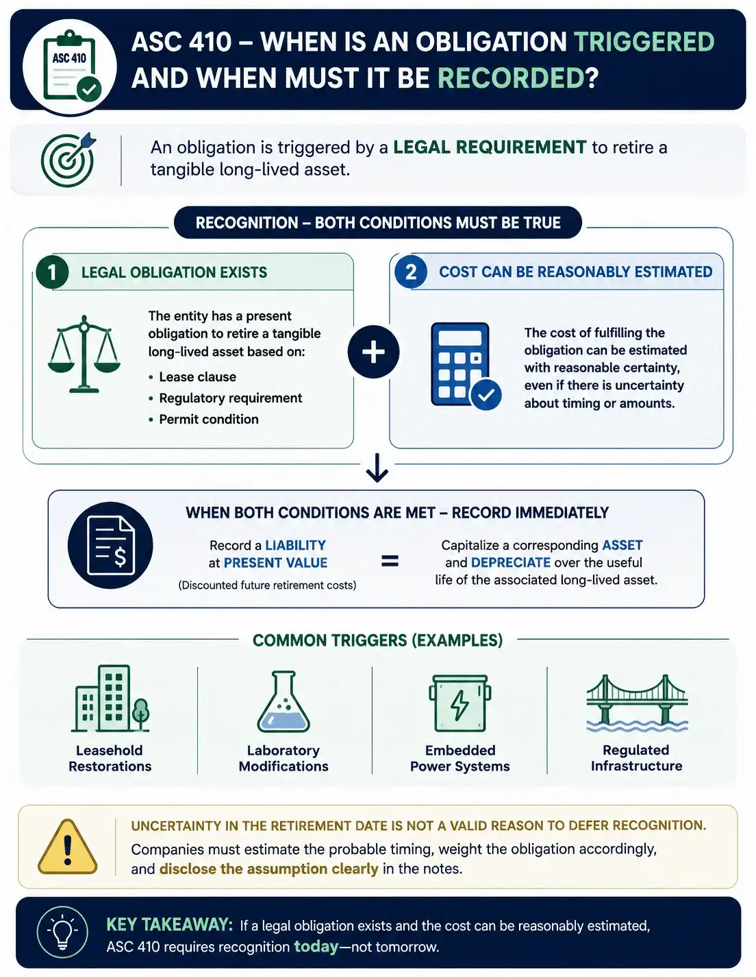 "Infographic explaining ASC 410 asset retirement obligation recognition, outlining when legal obligations must be recorded, present value measurement, liability recognition, asset capitalization, depreciation, and common retirement obligation examples under U.S. GAAP."