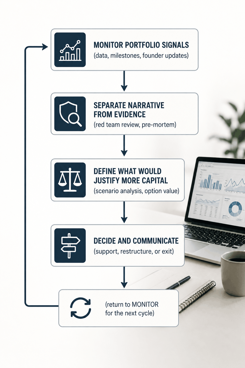 Professional investment portfolio decision-making workflow infographic showing a continuous capital allocation cycle. The diagram illustrates monitoring portfolio signals, evaluating evidence versus narrative, assessing future capital requirements through scenario analysis, making strategic support, restructure, or exit decisions, and repeating the review process. Set against a subtle executive workspace background with financial analytics, laptop dashboard, and business planning materials.