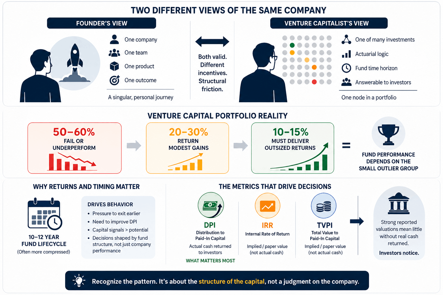 Professional venture capital infographic comparing a founder’s view and a venture capitalist’s view of the same startup, illustrating portfolio investing, fund return dynamics, exit pressures, DPI, IRR, TVPI metrics, and how a small group of high-performing investments drives overall fund performance.