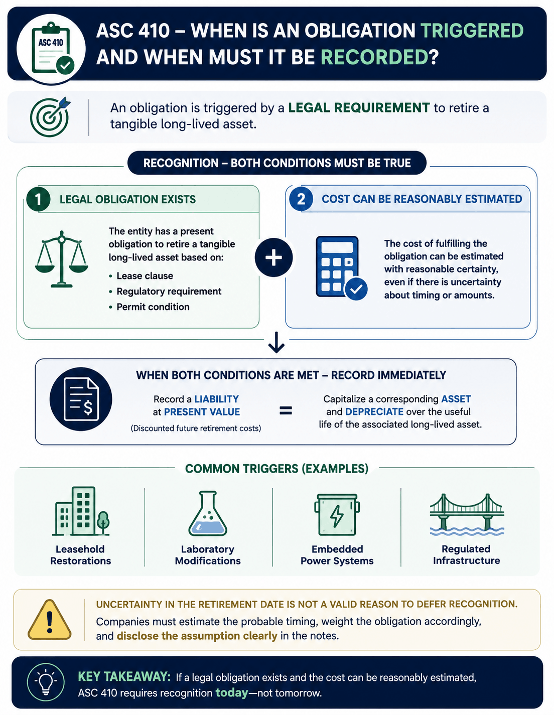 ASC 410 asset retirement obligation infographic explaining when legal obligations must be recognized and recorded, including recognition criteria, present value liability accounting, capitalized asset treatment, common triggers such as leasehold restorations and regulated infrastructure, and guidance on estimating retirement obligations under uncertainty.
