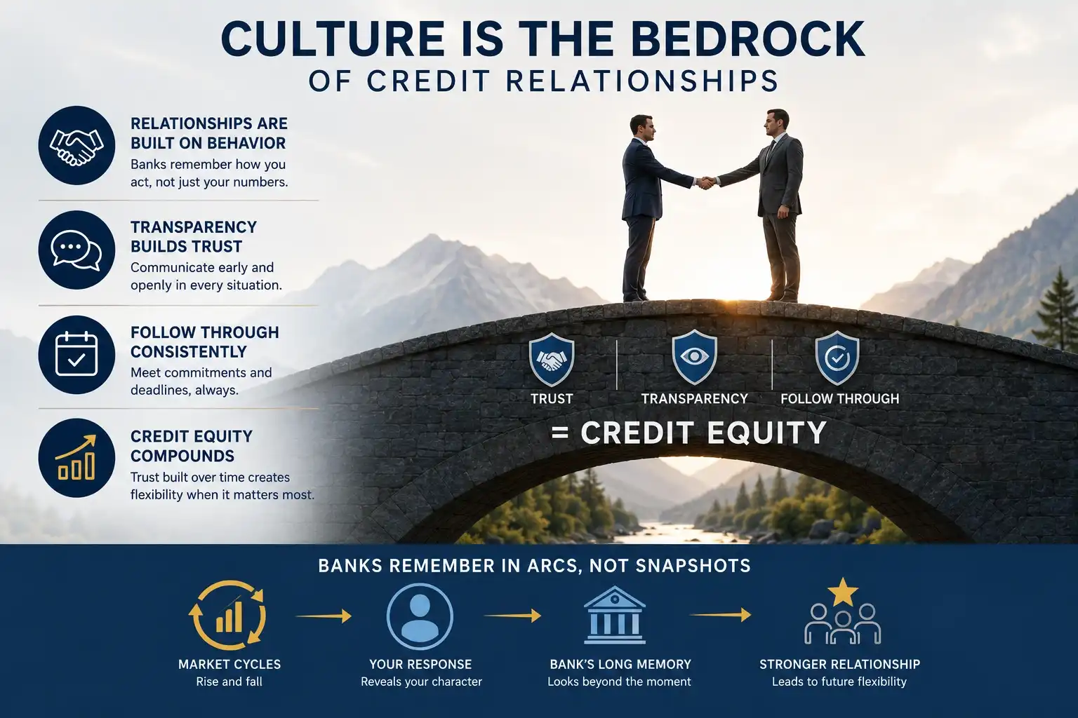 "Professional infographic illustrating how trust, transparency, and consistent follow-through build strong banking relationships and long-term credit equity, with business leaders shaking hands on a bridge to symbolize lasting lender confidence across market cycles."