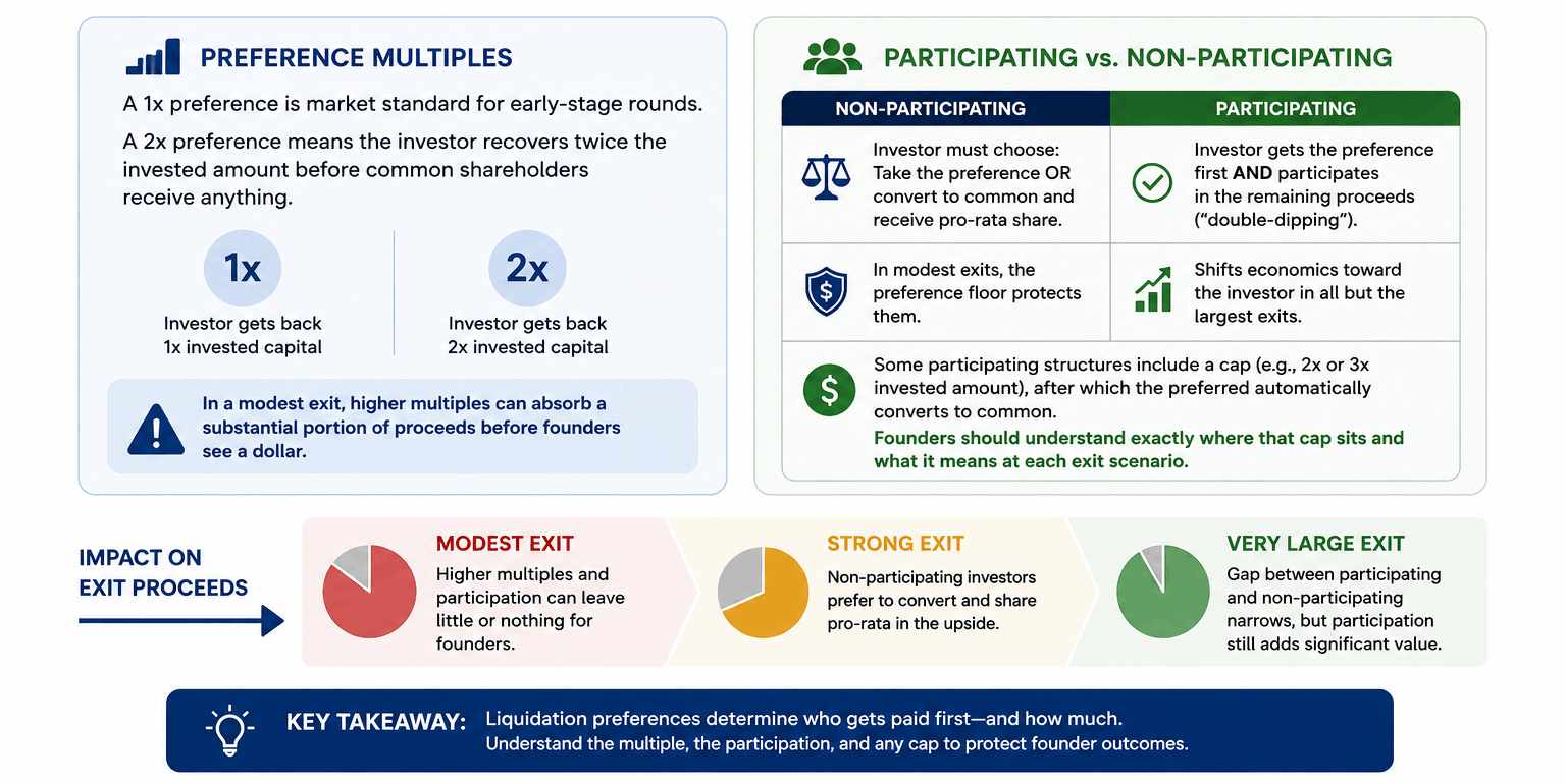 Professional venture capital infographic showing liquidation preference mechanics, double-dipping participating preferred structures, preference caps, and how investor rights affect founder proceeds in modest, strong, and large company exits.