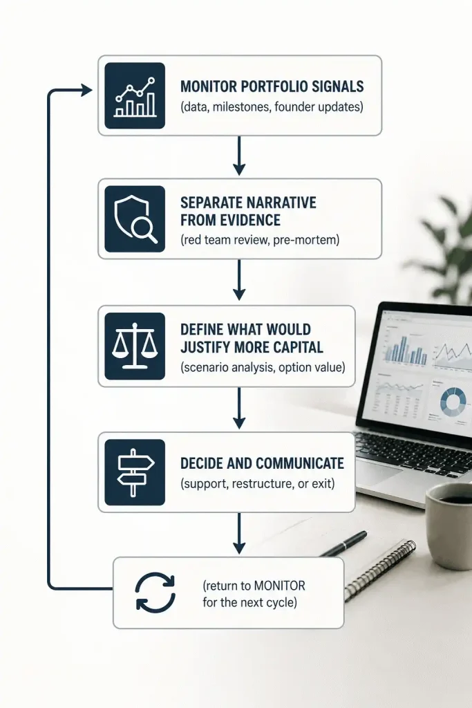 "Flowchart illustrating a venture capital portfolio management process, showing how investors monitor portfolio performance, evaluate evidence, assess capital allocation, make investment decisions, and continuously review portfolio companies using data-driven insights."