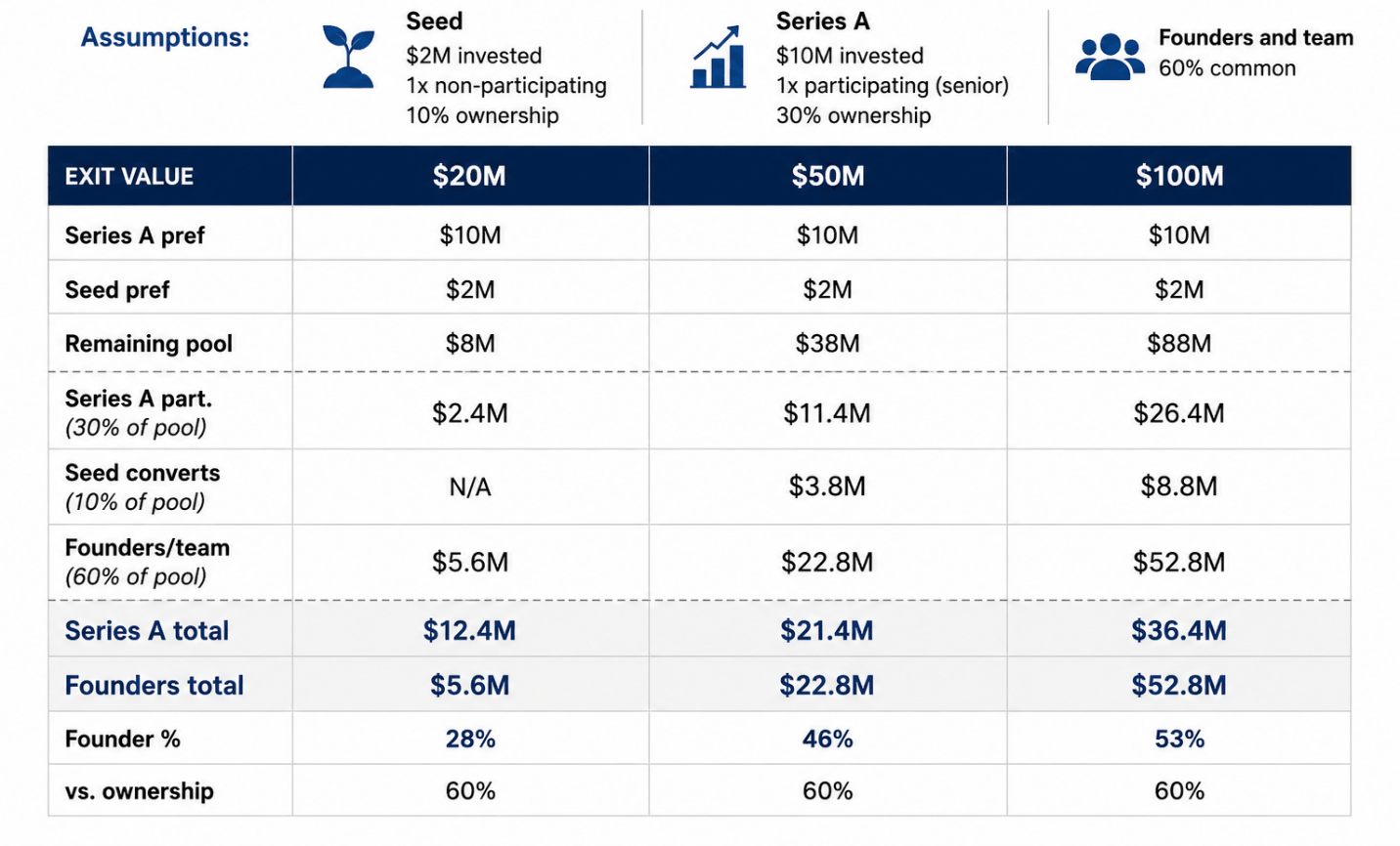 Infographic explaining how liquidation preferences work in startup financing, including 1x and 2x preference multiples, participating vs non-participating preferred shares, investor payout structures, and founder equity impact across different exit scenarios.