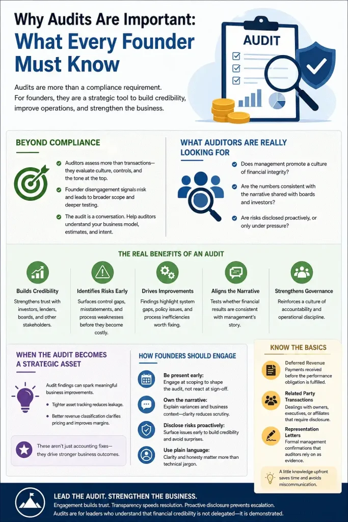 Business infographic explaining why financial audits are important for founders, highlighting investor credibility, risk identification, governance, operational improvements, audit readiness, compliance, and strategic business growth.