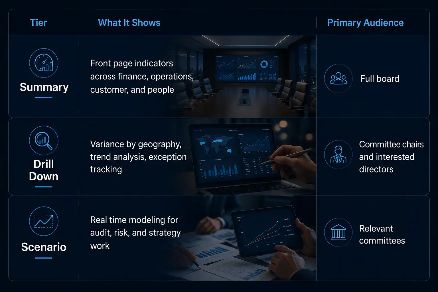 "Professional board reporting framework infographic in a dark corporate theme showing three reporting tiersβSummary, Drill Down, and Scenarioβwith corresponding business insights and primary audiences for executive boards, committee chairs, and governance teams."