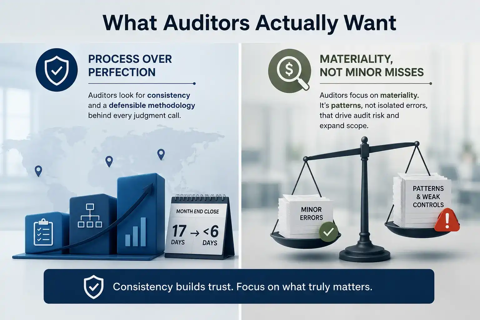 "Professional infographic illustrating what auditors actually want during financial audits, highlighting process over perfection, consistency in financial reporting, and the importance of materiality over minor accounting errors to build audit confidence and strengthen internal controls."