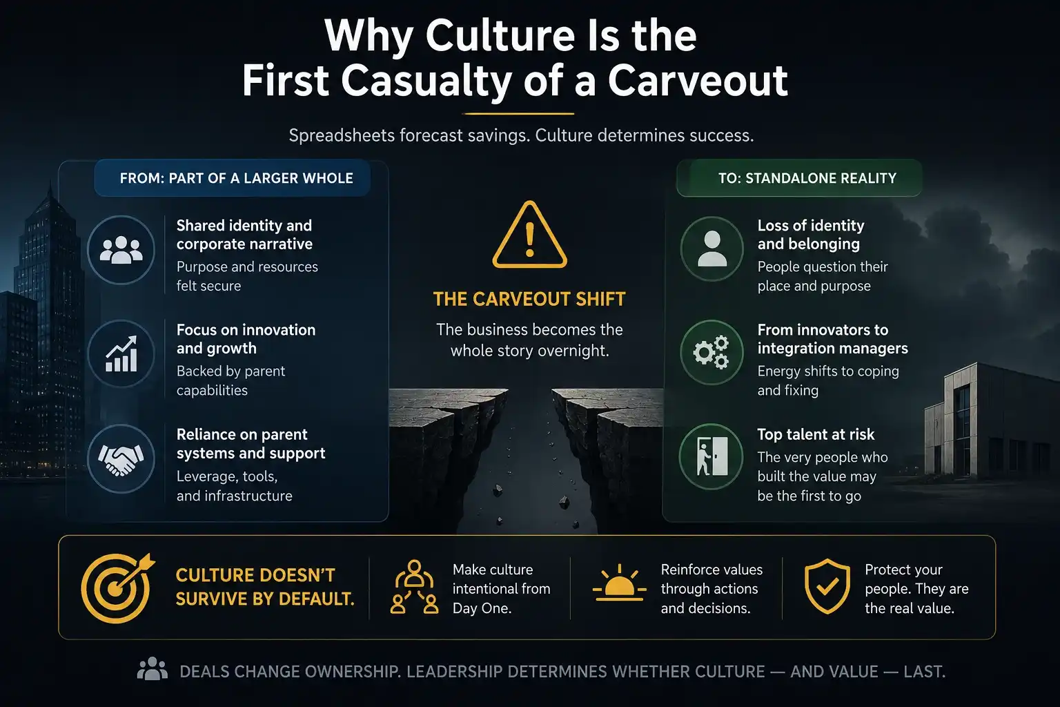 "Dark-themed private equity carveout infographic illustrating how organizational culture can weaken during business separation, highlighting the transition from corporate support to standalone operations, risks to employee identity and talent retention, and the importance of intentional leadership to preserve culture and long-term enterprise value."