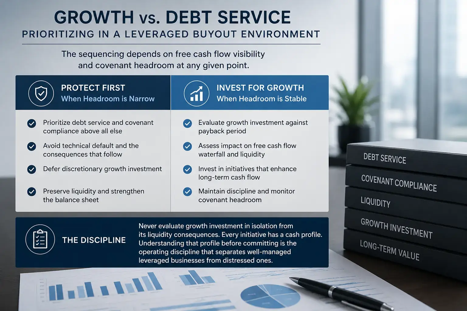 "Professional infographic illustrating how CFOs prioritize debt service versus growth investment in a leveraged buyout (LBO) environment, highlighting free cash flow visibility, covenant compliance, liquidity management, and disciplined capital allocation for sustainable business growth."