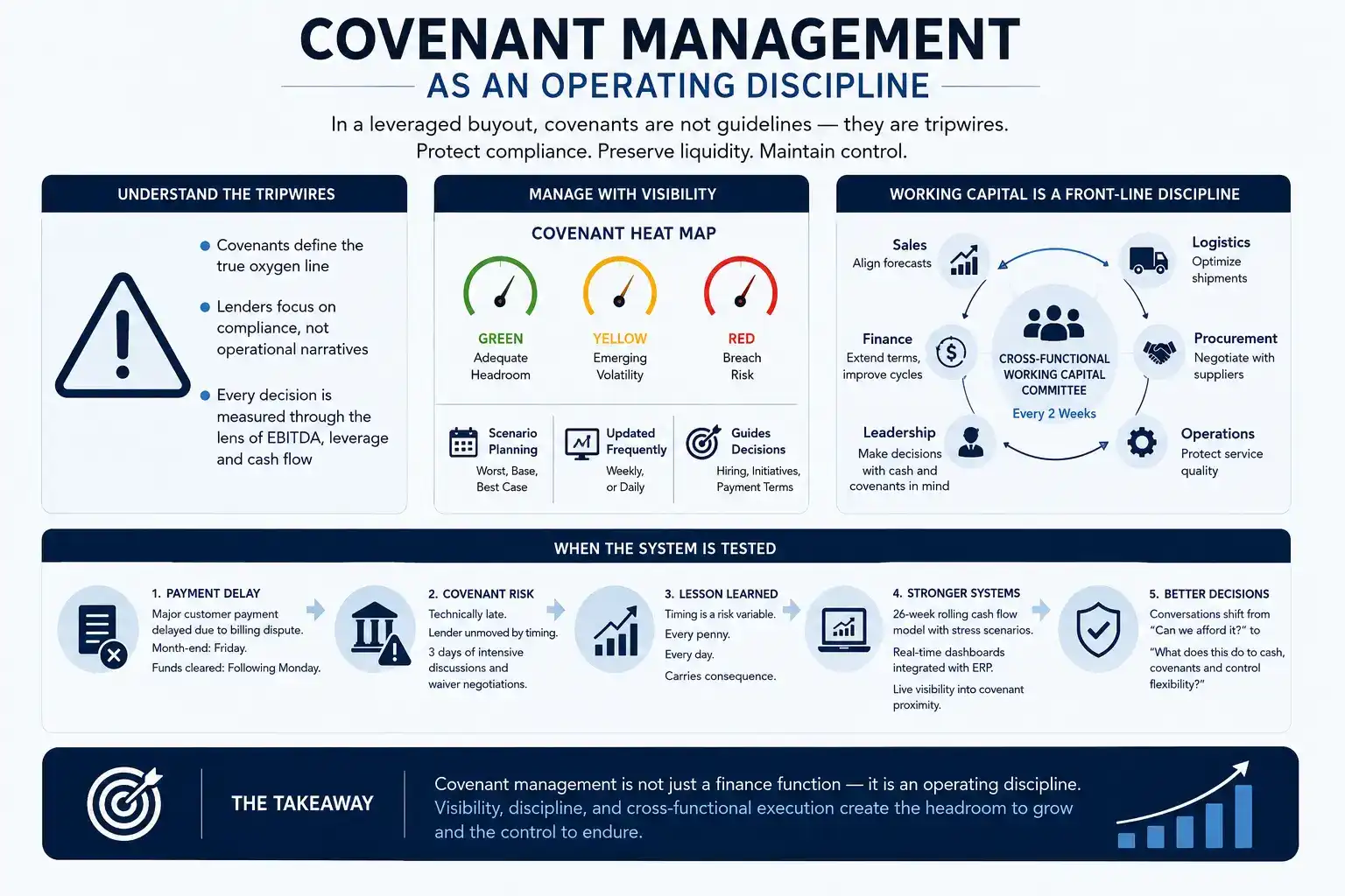 "Professional infographic illustrating covenant management in a leveraged buyout (LBO) environment, featuring a covenant heat map, working capital discipline, liquidity monitoring, cash flow forecasting, and cross-functional decision-making to maintain debt covenant compliance and financial stability."