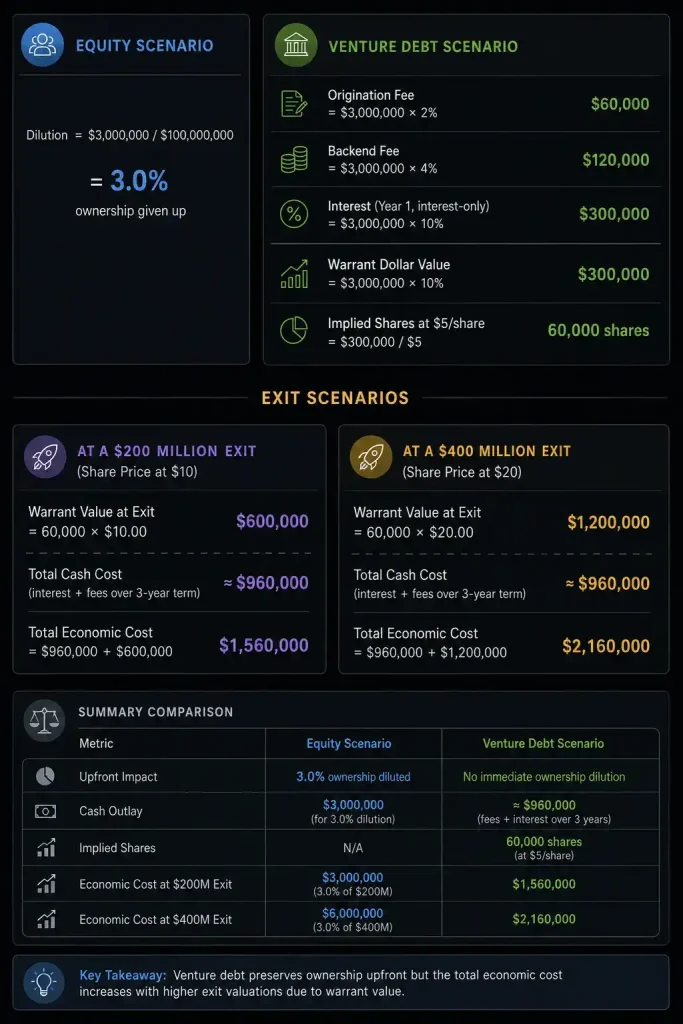 "Dark mode infographic comparing equity financing and venture debt, illustrating ownership dilution, loan fees, interest costs, warrant calculations, implied shares, and total economic cost across $200 million and $400 million company exit scenarios."