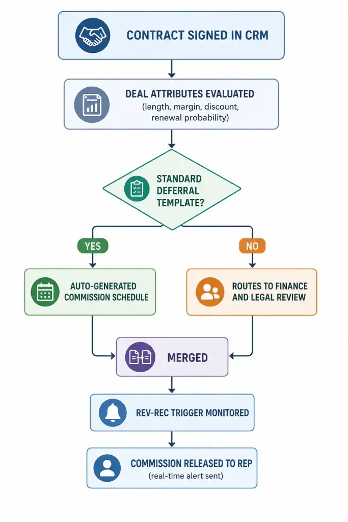 "Professional infographic explaining ASC 606 sales commission deferral strategy, highlighting how automated commission deferral, revenue recognition, contract quality, financial forecasting, global compliance, and analytics improve sales performance, margin discipline, and long-term business growth."