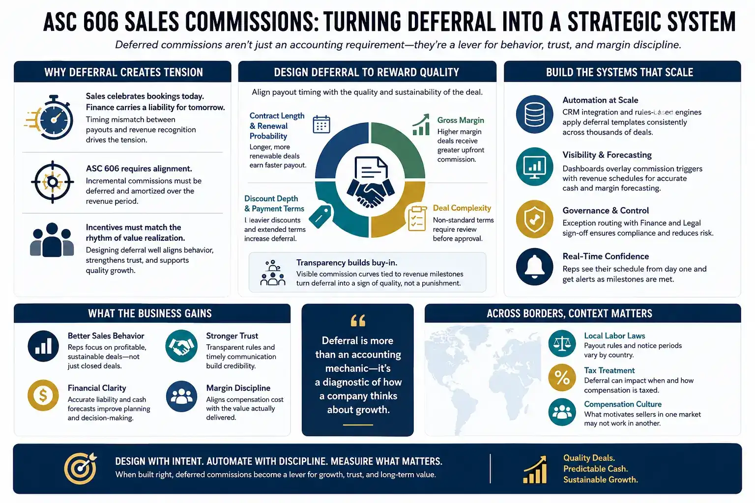 "Professional infographic illustrating ASC 606 sales commission deferral, showing how automated workflows, revenue recognition, contract quality assessment, financial controls, global compliance, and analytics align sales incentives with long-term revenue growth, cash flow forecasting, and margin optimization."