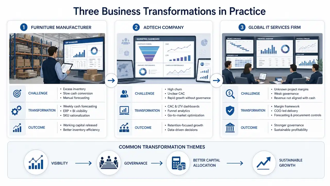 Business transformation infographic showing how furniture manufacturing, adtech, and IT services companies improved working capital, governance, profitability, and operational performance through data-driven decision making.