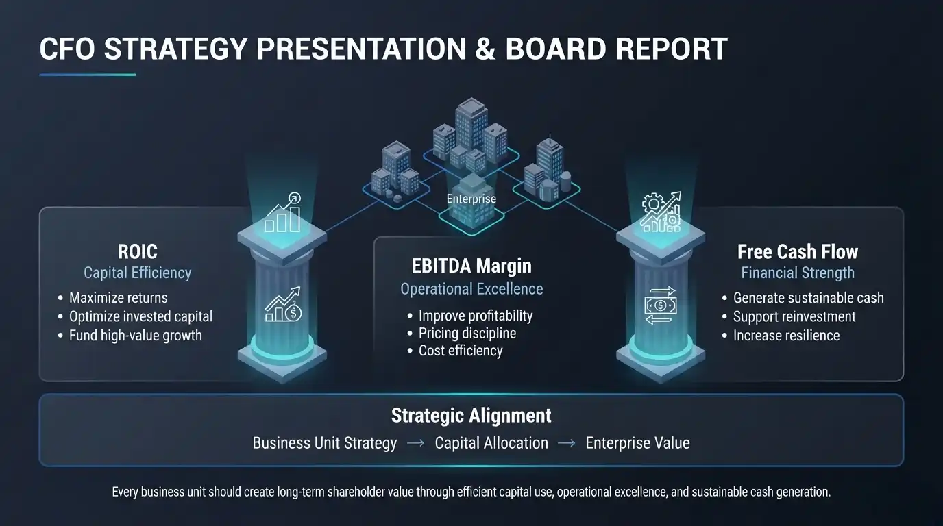 Business unit strategy infographic illustrating how ROIC, EBITDA margin, and free cash flow align business units with enterprise value creation through capital efficiency, operational excellence, financial strength, and strategic governance.