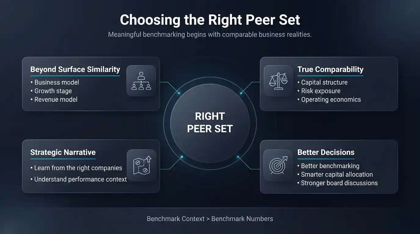 Professional dark-mode infographic explaining how CFOs choose the right peer set for financial benchmarking by evaluating business model, growth stage, capital structure, risk exposure, and strategic context to improve benchmarking accuracy and board-level decision-making.